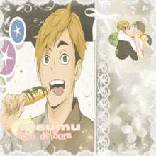 a picture of a man eating a sandwich with the name atsumu solo de sora on it