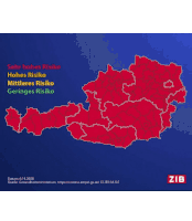 a blue and red background with a white outline of a map