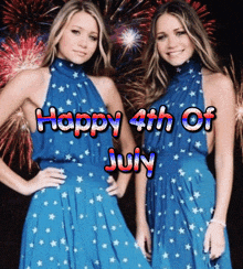 two women standing in front of fireworks with the words happy 4th of july on the bottom