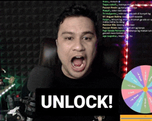 a man with his mouth open and the word unlock on the screen