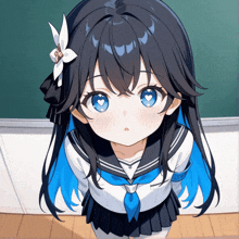 a girl with blue hair and a flower in her hair is wearing a school uniform