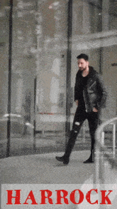 a poster for harrock shows a man in a leather jacket walking