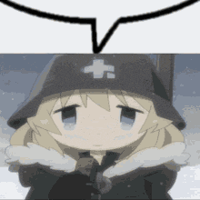 a cartoon girl wearing a black hat with a cross on it is standing in the snow .