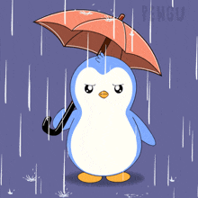 a penguin holding an umbrella in the rain with the word pengu in the corner