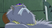 a cartoon cat with a beard and a purple hat says thanks a lot babe