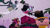 a video game screen shows a bunch of boxes flying around