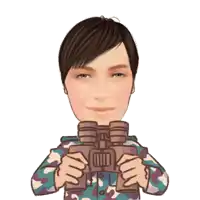 a cartoon of a person wearing a camouflage shirt looking through binoculars