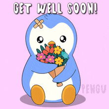 a penguin with a bandage on its head holds a bouquet of flowers