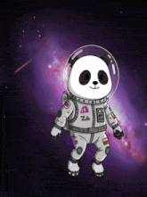 a panda bear wearing an astronaut 's suit with the number 28 on it