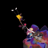 a group of people are flying through the air in a cartoon .
