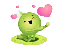 a green cartoon character is surrounded by pink hearts on a white background