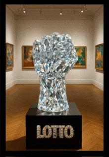 a statue of a fist made of diamonds sits in a museum