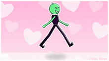 a cartoon character is walking on a pink background