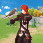a girl with red hair is holding a bird on her hand