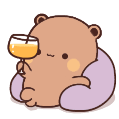 a cartoon bear is sitting on a purple pillow holding a glass of wine