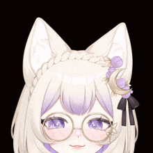 a girl with white hair and purple eyes is wearing glasses and a braid