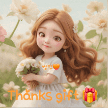 a girl in a white dress is holding a bouquet of flowers and the words " thanks gift " are below her