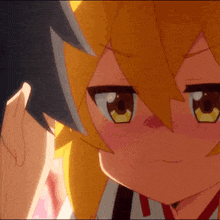 a close up of a anime character with yellow hair