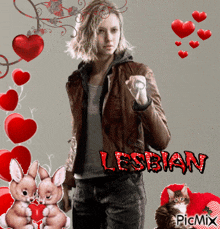 a woman in a leather jacket is surrounded by red hearts and the word lesbian
