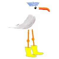 a drawing of a bird wearing yellow boots and a paper boat hat