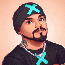 a man with a beard is wearing a black shirt with a blue cross on it