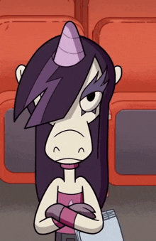 a cartoon character with purple hair and a purple horn on her head