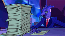 a cartoon character sitting at a desk with a stack of papers