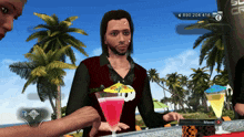 a screenshot of a video game shows a man holding a pink drink