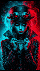 a painting of a woman with a top hat and goggles on