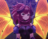 a girl with horns and wings is wearing a purple outfit