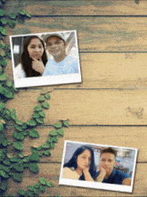 a couple of pictures of a man and a woman on a wooden background