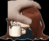 a cartoon girl is holding a cup of hot chocolate with marshmallows