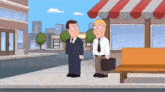 two men are standing on a sidewalk in front of a store .