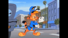 a cartoon of a tiger in a police uniform walking down a street