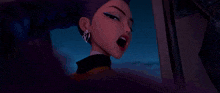 a cartoon character with purple hair and earrings is singing into a microphone