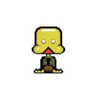 a pixel art drawing of a yellow duck with a green jacket on