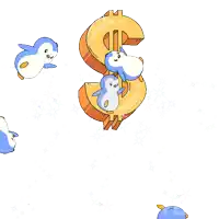penguins are swimming around a dollar sign