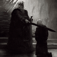 a man in a crown is holding a sword in front of a woman