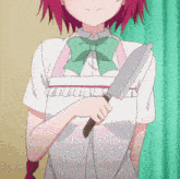 a girl with pink hair is holding a large knife in her hand