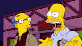 a cartoon of homer simpson talking to a man in front of a building that says mud