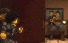 a close up of a lego figure with black hair