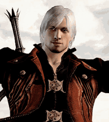 a man with white hair is holding a sword in his right hand
