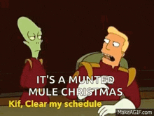 a cartoon of two men sitting at a table talking about christmas .