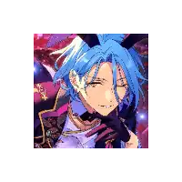 a boy with blue hair and bunny ears is wearing a bunny costume .