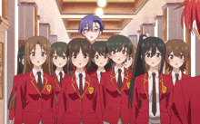 a group of anime girls wearing red suits and ties stand in a hallway