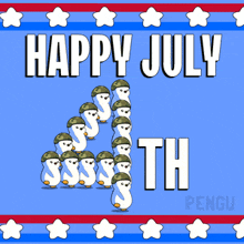 a happy july 4th greeting with penguins wearing military hats