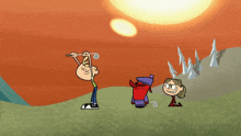 a red cartoon character wearing a purple hat and a plaid shirt