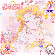 a collage of sailor moon characters including a white bear