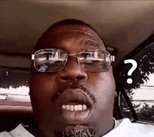 a man wearing glasses and a beard has a question mark above his head