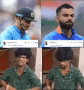a collage of four pictures of a man wearing a helmet and a man wearing a plaid shirt